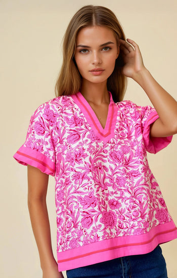 Doe & Rae Floral Print Boxy Top in Pink