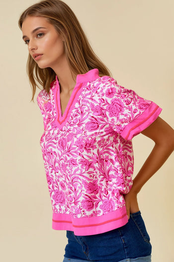 Doe & Rae Floral Print Boxy Top in Pink