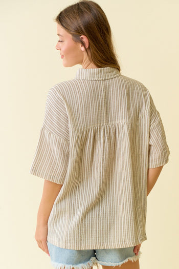 Doe & Rae Cotton Double Gauze Striped Button Down Top in Ivory