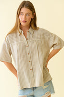 Doe & Rae Cotton Double Gauze Striped Button Down Top in Ivory