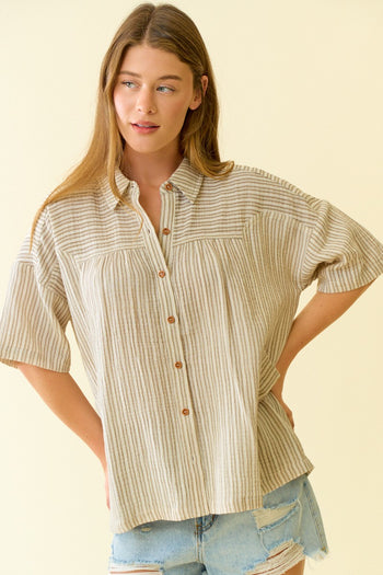 Doe & Rae Cotton Double Gauze Striped Button Down Top in Ivory