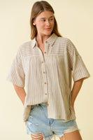 Doe & Rae Cotton Double Gauze Striped Button Down Top in Ivory