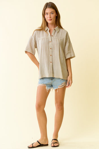 Doe & Rae Cotton Double Gauze Striped Button Down Top in Ivory