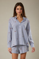 Sunday Edition Striped Top with American Flag Embroidery in Navy-White Stripe