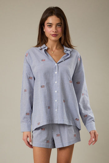 Sunday Edition Striped Top with American Flag Embroidery in Navy-White Stripe