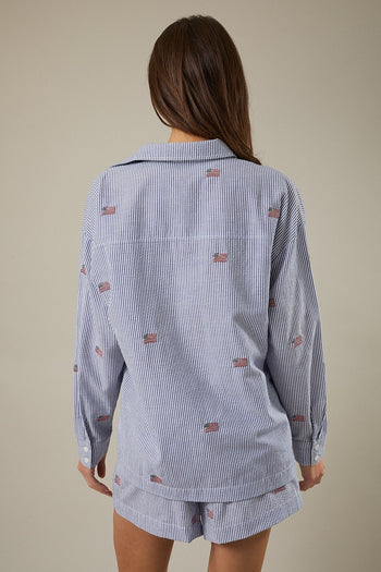 Sunday Edition Striped Top with American Flag Embroidery in Navy-White Stripe