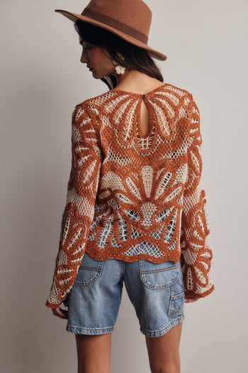Forte Crochet Floral Pattern Sweater in Pumpkin Spice