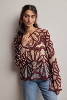 Forte Crochet Floral Pattern Sweater in Cinnamon