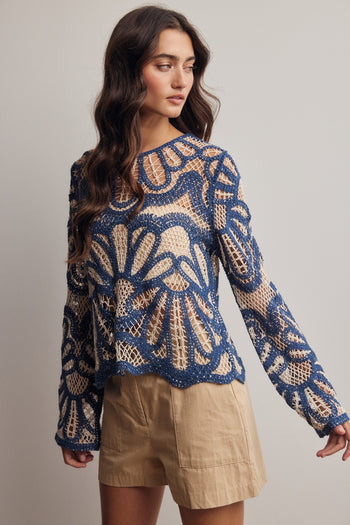 Forte Crochet Floral Pattern Sweater in English Blue