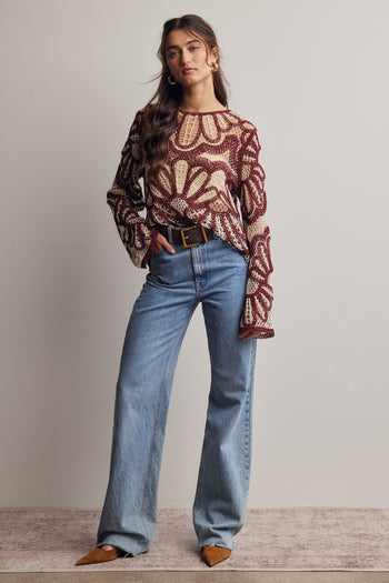 Forte Crochet Floral Pattern Sweater in Cinnamon