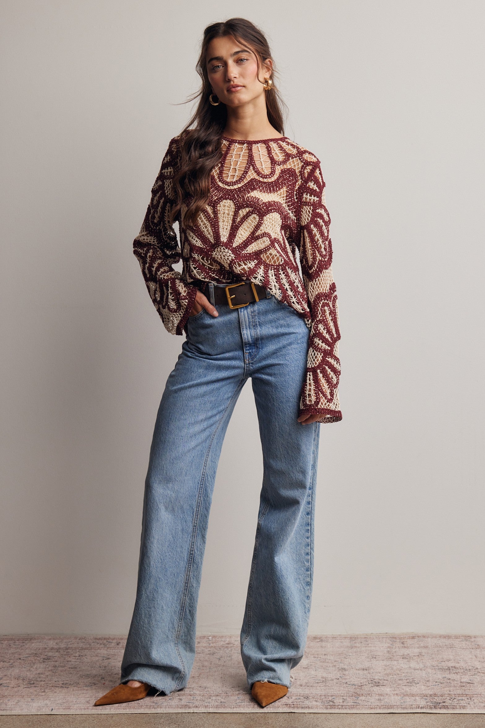 Forte Crochet Floral Pattern Sweater in Cinnamon – June Adel