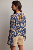 Forte Crochet Floral Pattern Sweater in English Blue