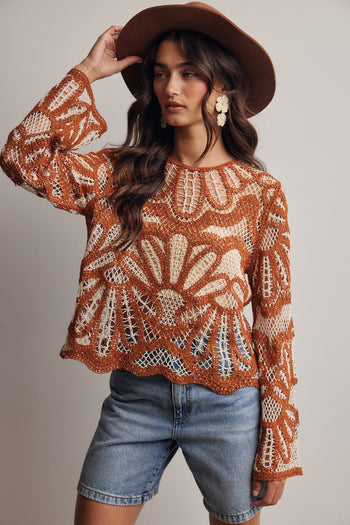 Forte Crochet Floral Pattern Sweater in Pumpkin Spice