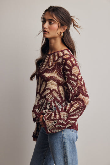 Forte Crochet Floral Pattern Sweater in Cinnamon