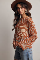 Forte Crochet Floral Pattern Sweater in Pumpkin Spice