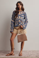 Forte Crochet Floral Pattern Sweater in English Blue