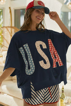 Load image into Gallery viewer, LovLov OVERSIZED Mixed Print USA Patched Terry Knit Top in Navy ON ORDER
