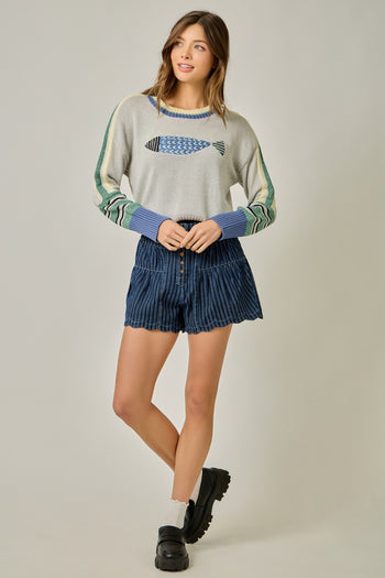 Mystree Color Block Sweater with Fish Design in Oatmeal Mix
