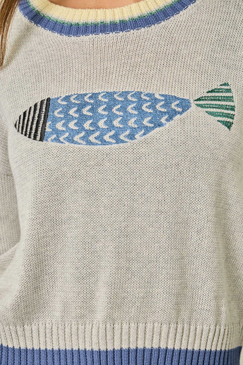 Mystree Color Block Sweater with Fish Design in Oatmeal Mix
