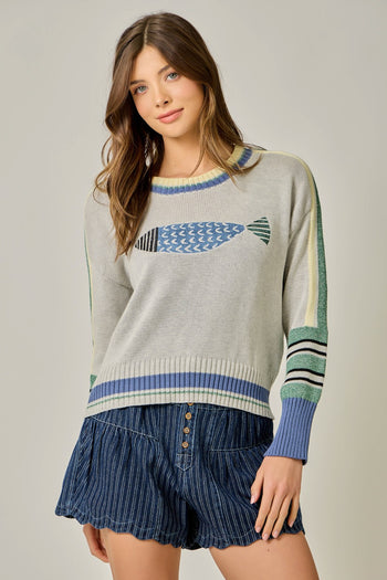 Mystree Color Block Sweater with Fish Design in Oatmeal Mix