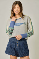 Mystree Color Block Sweater with Fish Design in Oatmeal Mix