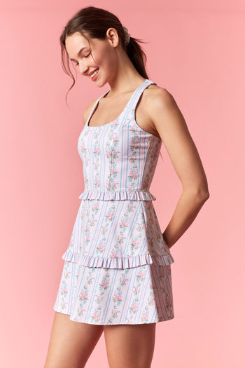 Peach Love Fitted Floral and Stripe Romper in Light Pink Multi