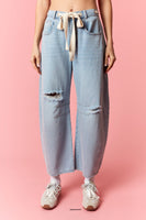Peach Love Eyelet Belted Destroyed Barrel Jeans in Light Denim