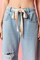 Peach Love Eyelet Belted Destroyed Barrel Jeans in Light Denim