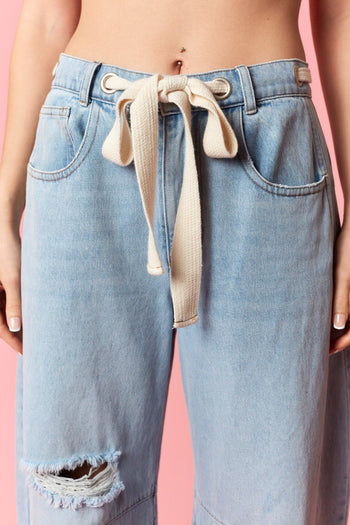 Peach Love Eyelet Belted Destroyed Barrel Jeans in Light Denim