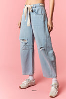 Peach Love Eyelet Belted Destroyed Barrel Jeans in Light Denim