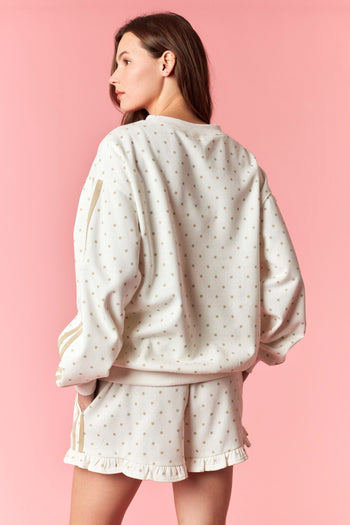 Peach Love French Terry Polka Dot Sweatshirt with Sleeve Stripes in Cream/Taupe