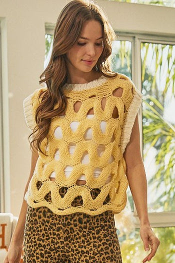 LovLov Soft Luxury Ripple Form Open Knit Vest in Buttercream Yellow
