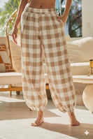 LovLov Checkered Elastic Waist Joggers in Oatmeal Checked