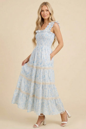 Davi & Dani Flower And Bunnies Print Maxi Dress in Blue