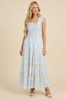Davi & Dani Flower And Bunnies Print Maxi Dress in Blue