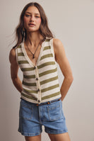 Forte Striped Button Front Knit Vest in Sage
