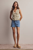 Forte Striped Button Front Knit Vest in Sage