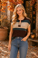 Sew in Love Short Sleeve Color Block Stripe Knit Top in Mocha/Taupe