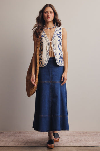 Forte Tropical Floral Embroidered Tie Front Vest in Ecru