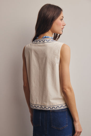 Forte Tropical Floral Embroidered Tie Front Vest in Ecru