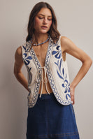 Forte Tropical Floral Embroidered Tie Front Vest in Ecru