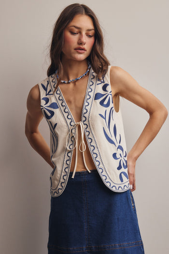 Forte Tropical Floral Embroidered Tie Front Vest in Ecru