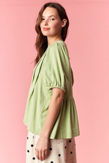 Peach Love Cotton Jersey Pleated Flare Top in Avocado