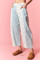 Peach Love Ditsy Floral Print and Solid Twill Denim Barrel Pants in Light Blue Combo