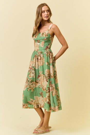 Doe & Rae Floral Silky Woven V Waist Midi Dress in Green