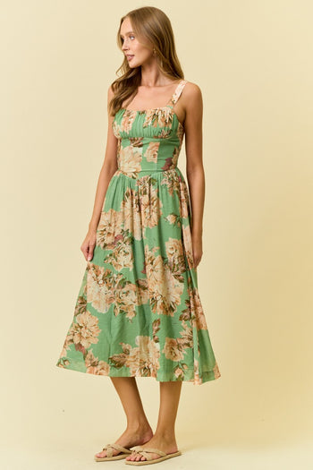 Doe & Rae Floral Silky Woven V Waist Midi Dress in Green