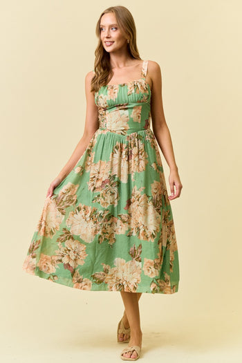 Doe & Rae Floral Silky Woven V Waist Midi Dress in Green