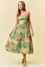 Load image into Gallery viewer, Doe &amp; Rae Floral Silky Woven V Waist Midi Dress in Green
