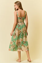 Load image into Gallery viewer, Doe &amp; Rae Floral Silky Woven V Waist Midi Dress in Green
