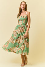 Load image into Gallery viewer, Doe &amp; Rae Floral Silky Woven V Waist Midi Dress in Green
